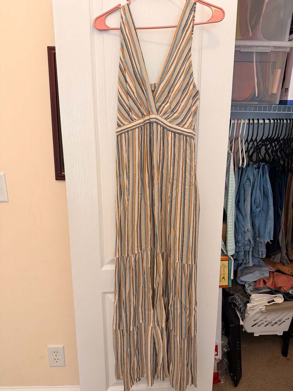 Angie Striped Maxi Dress Size L Multi Color Sleeveless V-Neck Rayon